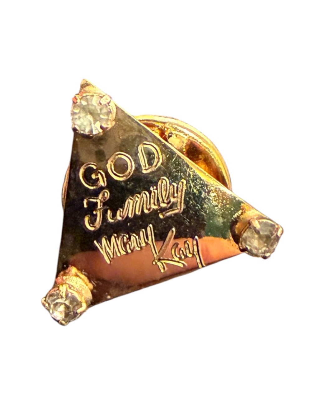 Vintage Mary Kay Lapel Pin "God Family Mary Kay" Gold Triangle Brooch Pin